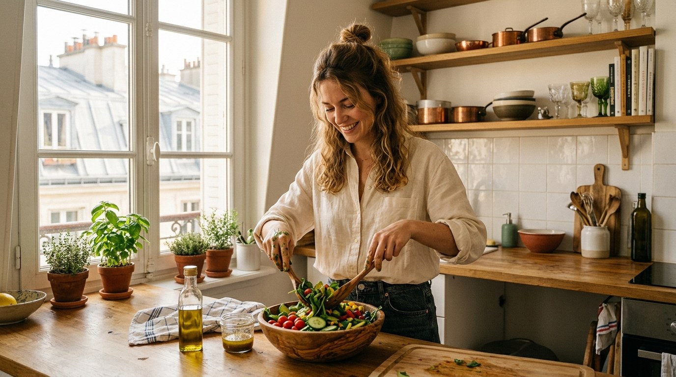 Femme francaise preparant une salade coloree dans une cuisine lumineuse a Paris