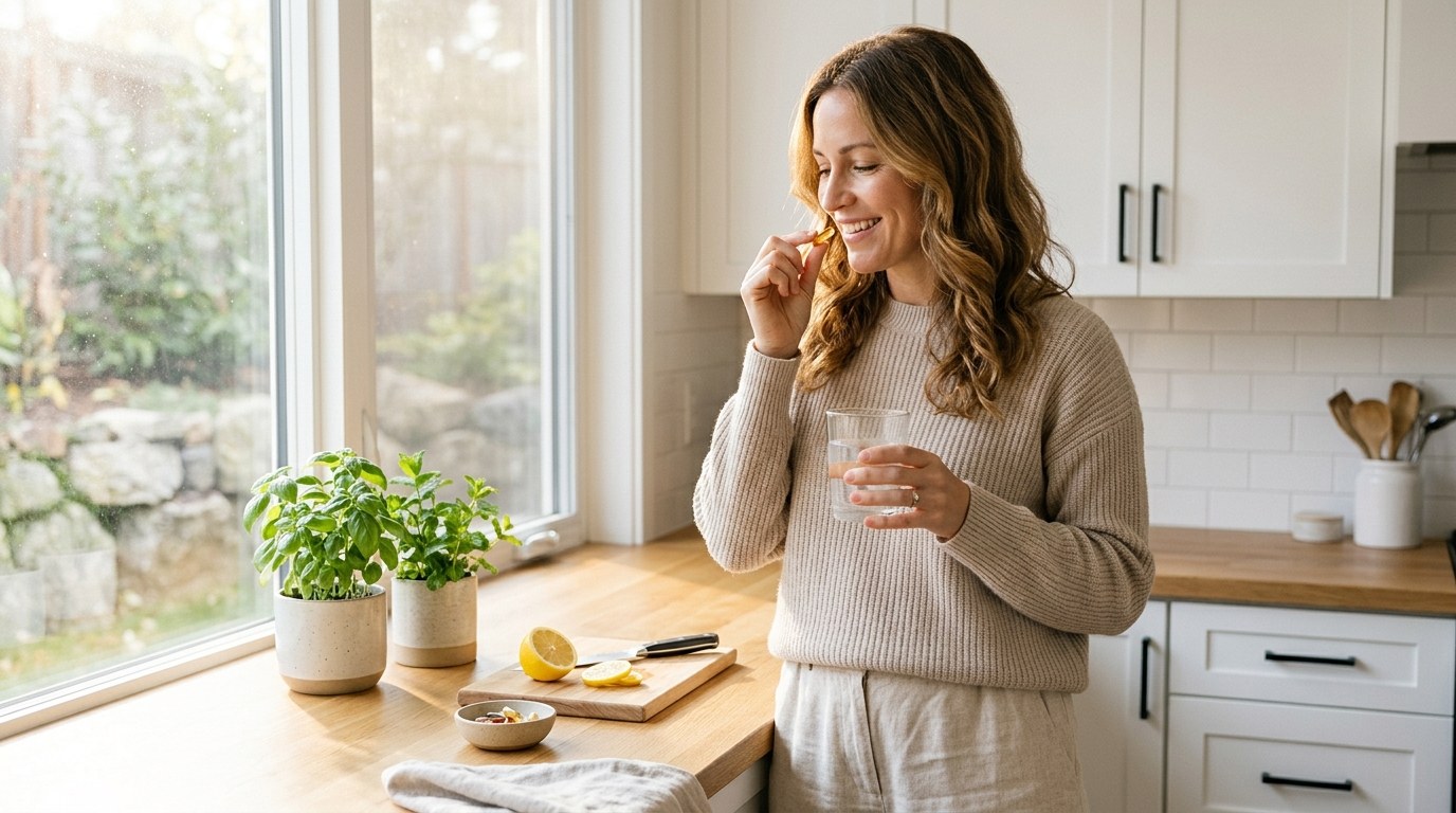 Woman in a bright kitchen taking a daily supplement with a glass of water