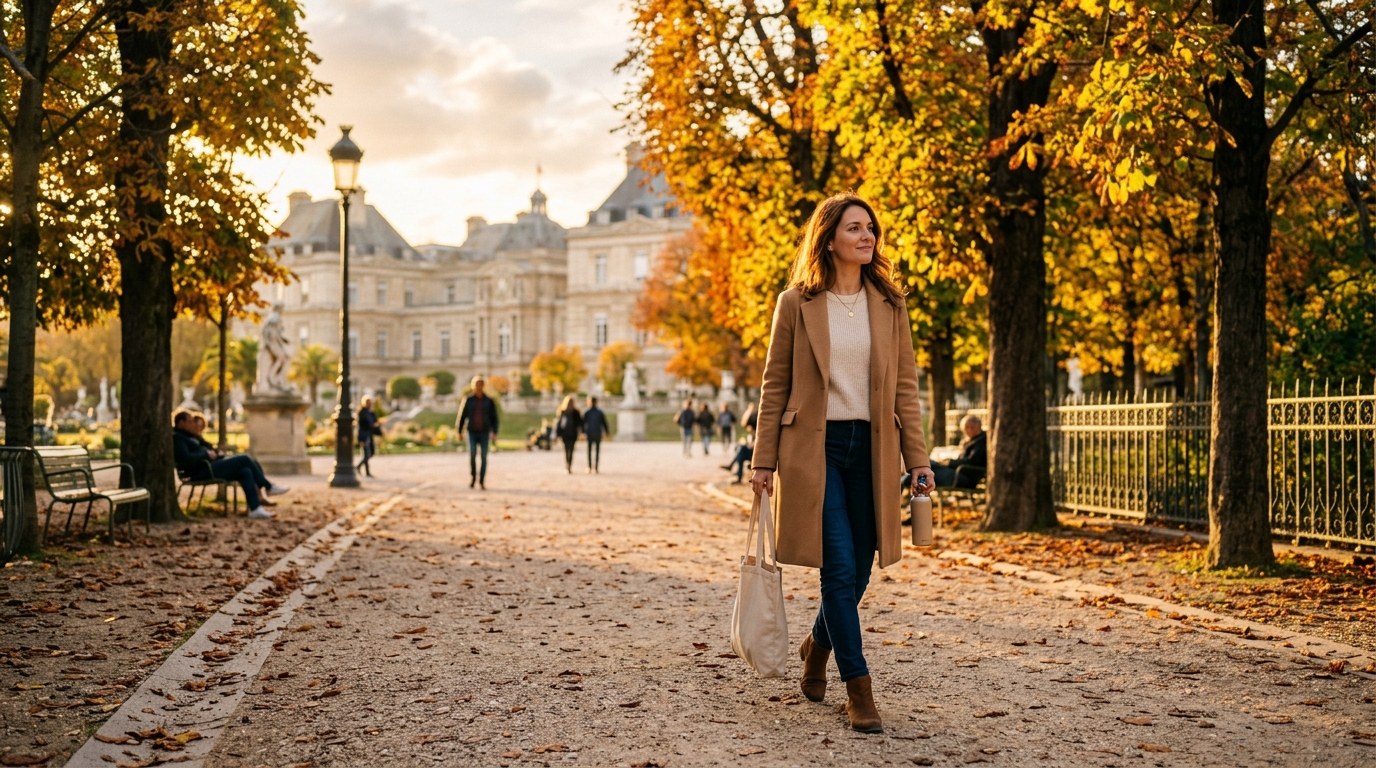 Femme se promenant paisiblement dans un parc parisien en automne