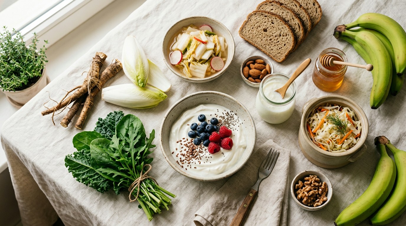 Prebiotic and probiotic foods including chicory, turmeric, and fermented ingredients