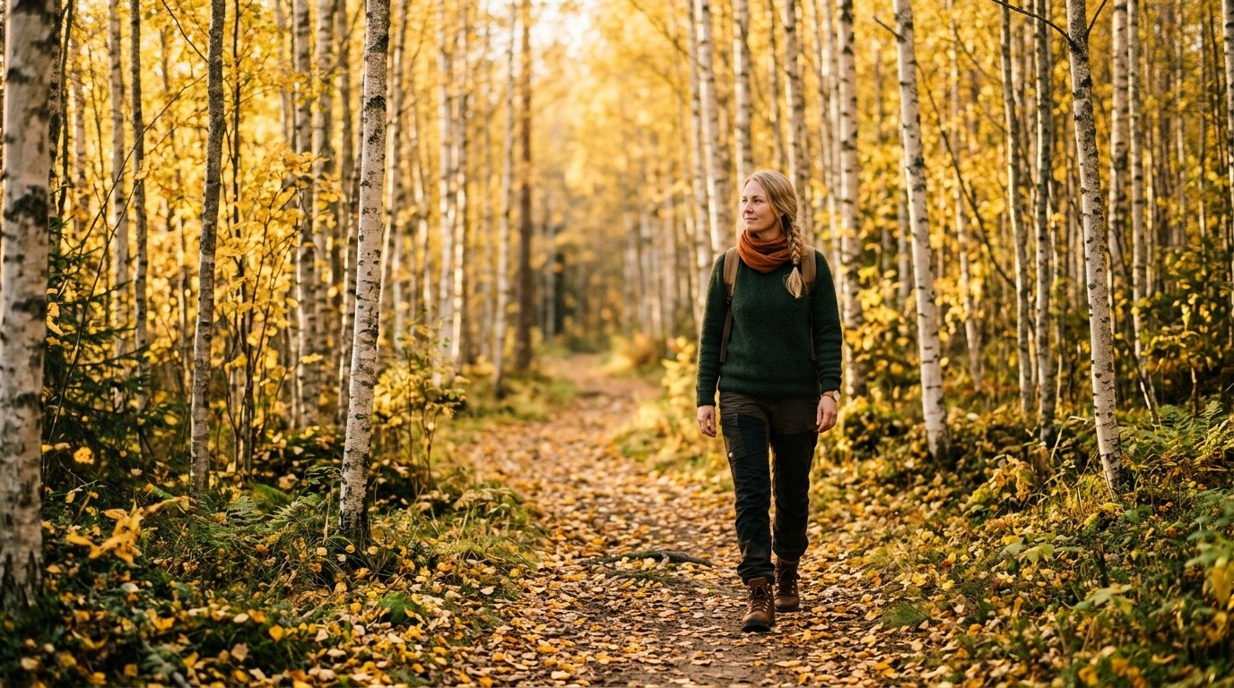 Suomalainen nainen kävelee koivumetsässä syksyllä