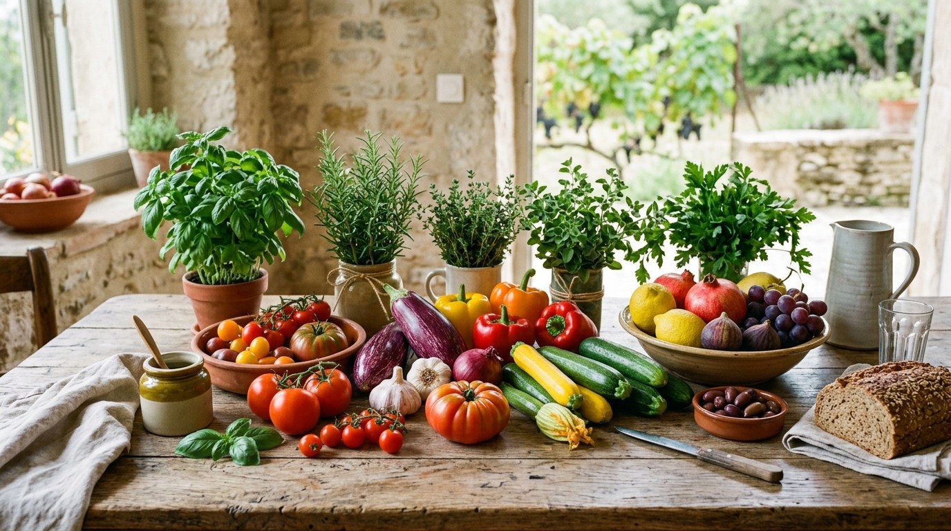 Legumes mediterraneens frais sur une table rustique francaise